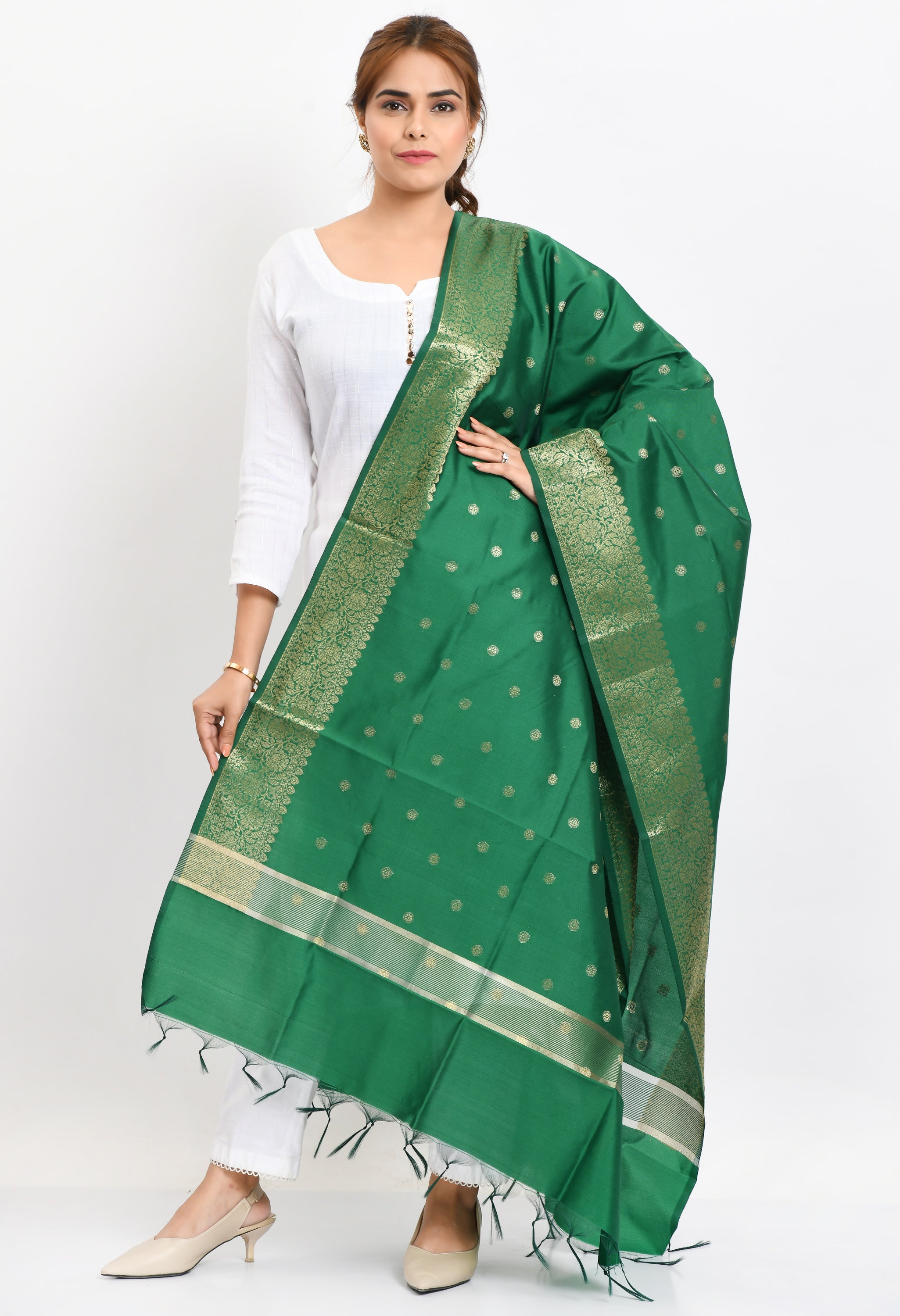 Women's Banarsi Silk Woven Design Green Dupatta - Moeza