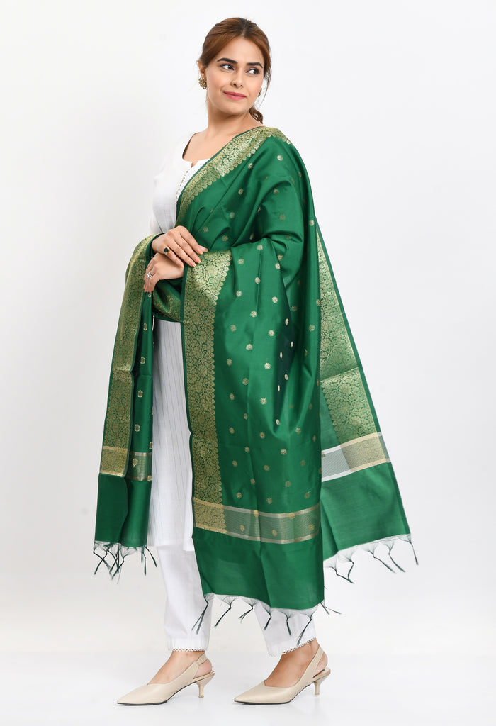 Women's Banarsi Silk Woven Design Green Dupatta