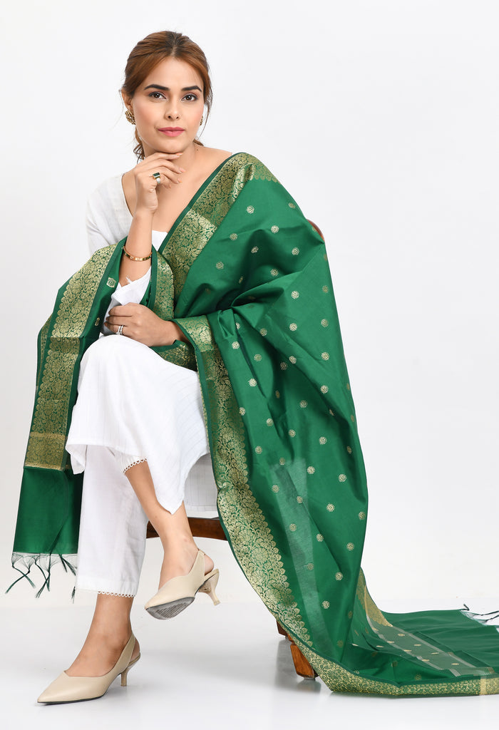 Women's Banarsi Silk Woven Design Green Dupatta