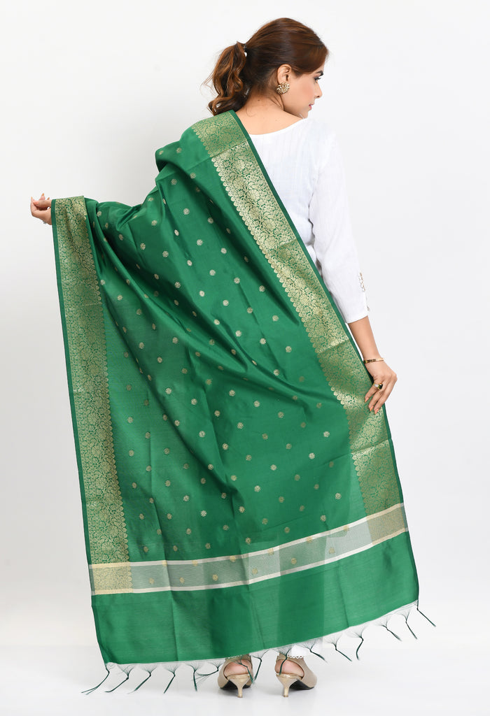 Women's Banarsi Silk Woven Design Green Dupatta