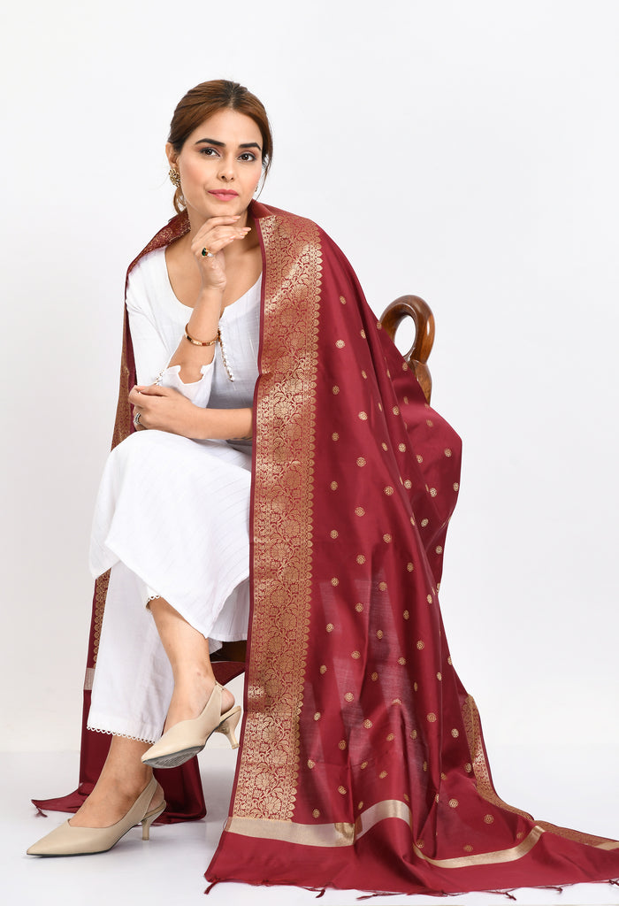Women's Banarsi Silk Woven Design Maroon Dupatta