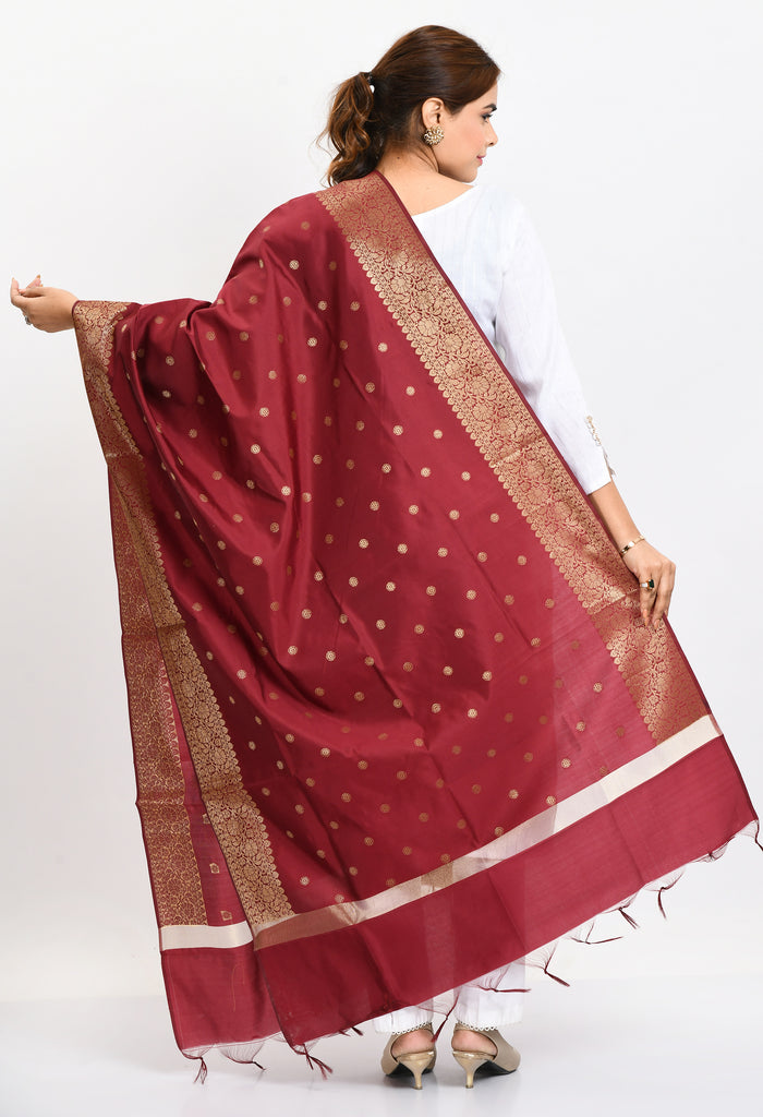 Women's Banarsi Silk Woven Design Maroon Dupatta