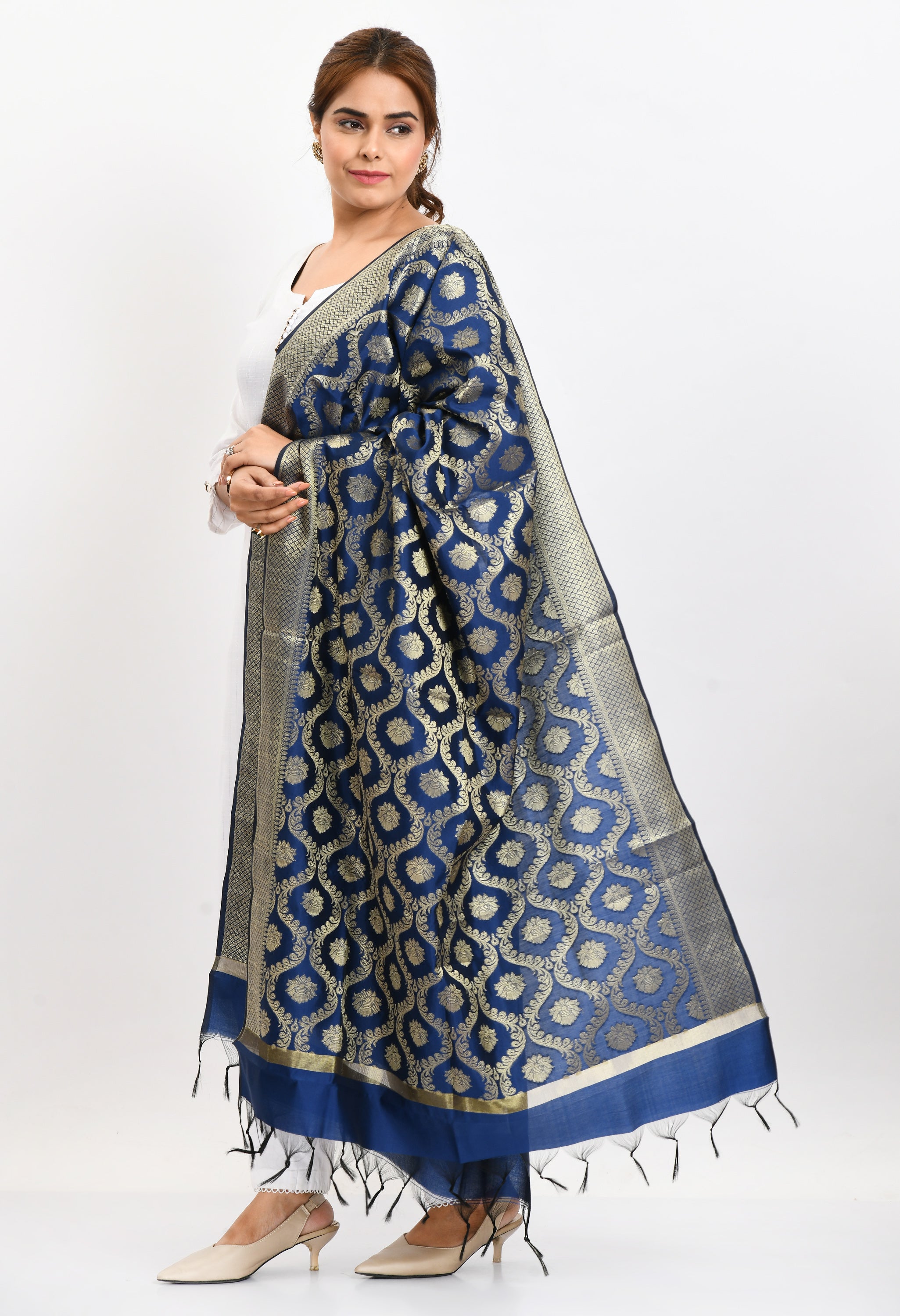 Women's Banarsi Silk All Over  Woven Design Navy Blue Dupatta - Moeza