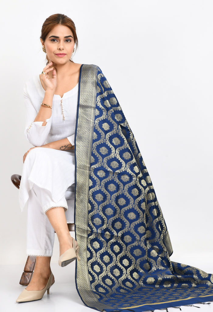 Women's Banarsi Silk All Over  Woven Design Navy Blue Dupatta