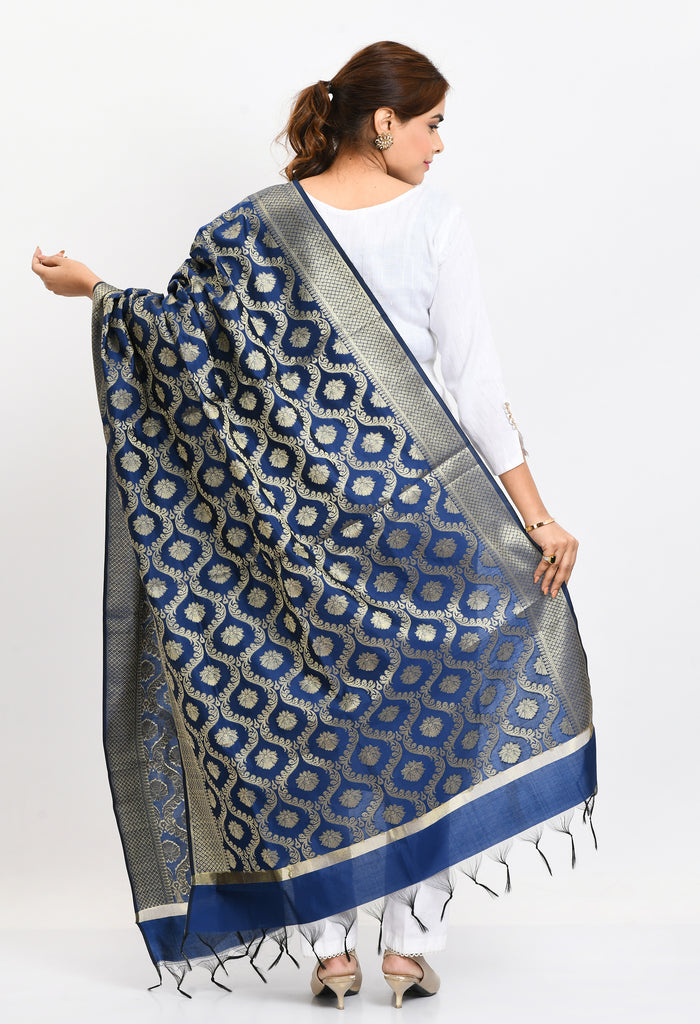 Women's Banarsi Silk All Over  Woven Design Navy Blue Dupatta