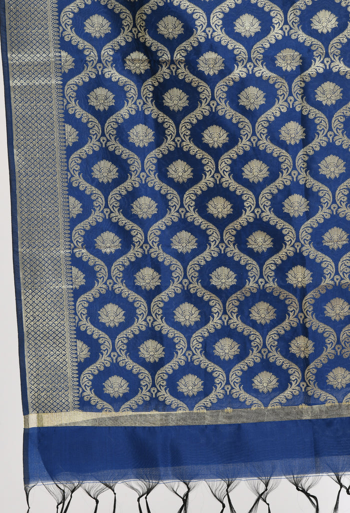 Women's Banarsi Silk All Over  Woven Design Navy Blue Dupatta