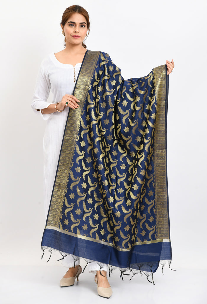 Women's Banarsi Silk Floral Woven Design Navy Blue Dupatta