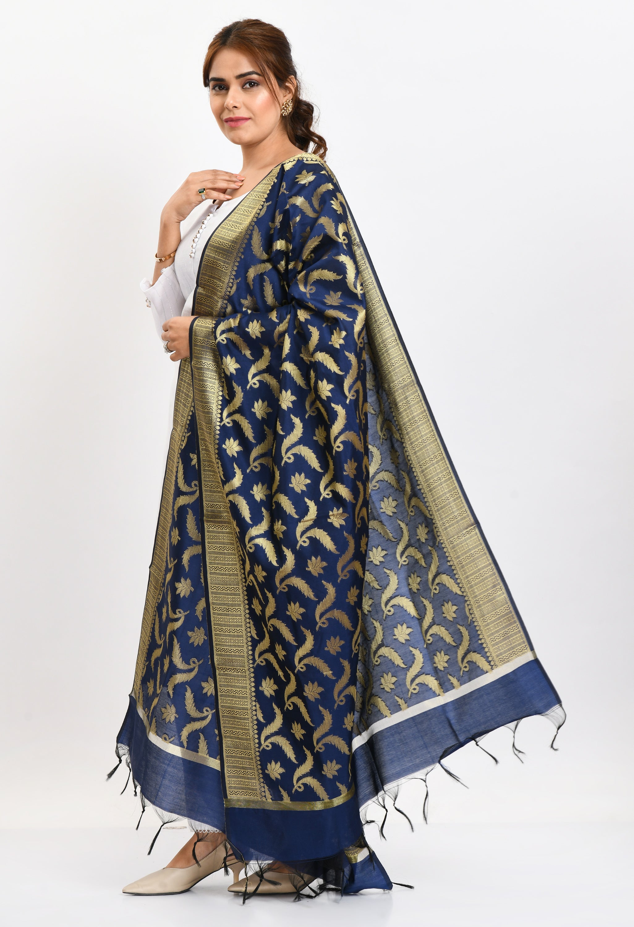 Women's Banarsi Silk Floral Woven Design Navy Blue Dupatta - Moeza