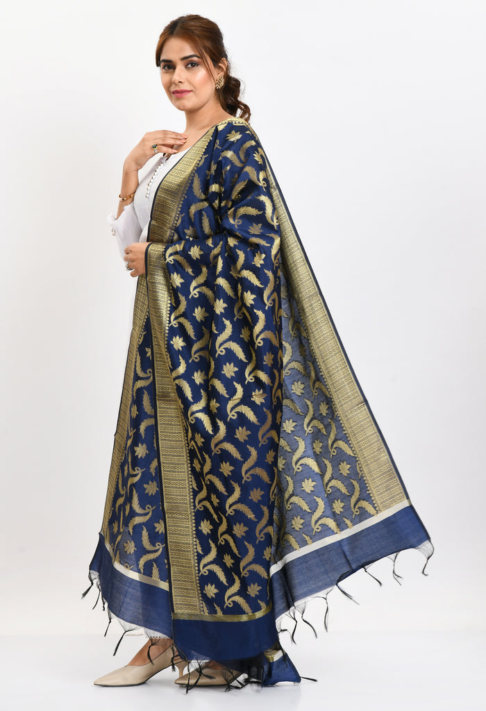 Women's Banarsi Silk Floral Woven Design Navy Blue Dupatta