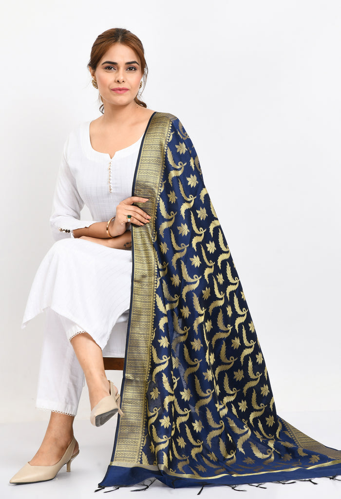 Women's Banarsi Silk Floral Woven Design Navy Blue Dupatta