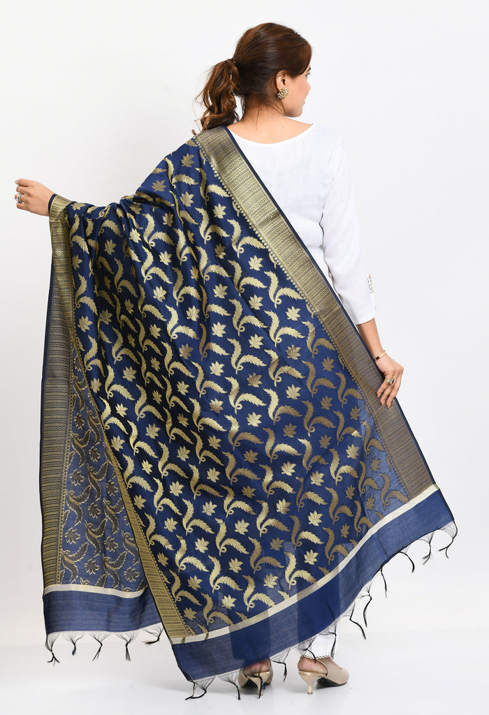 Women's Banarsi Silk Floral Woven Design Navy Blue Dupatta