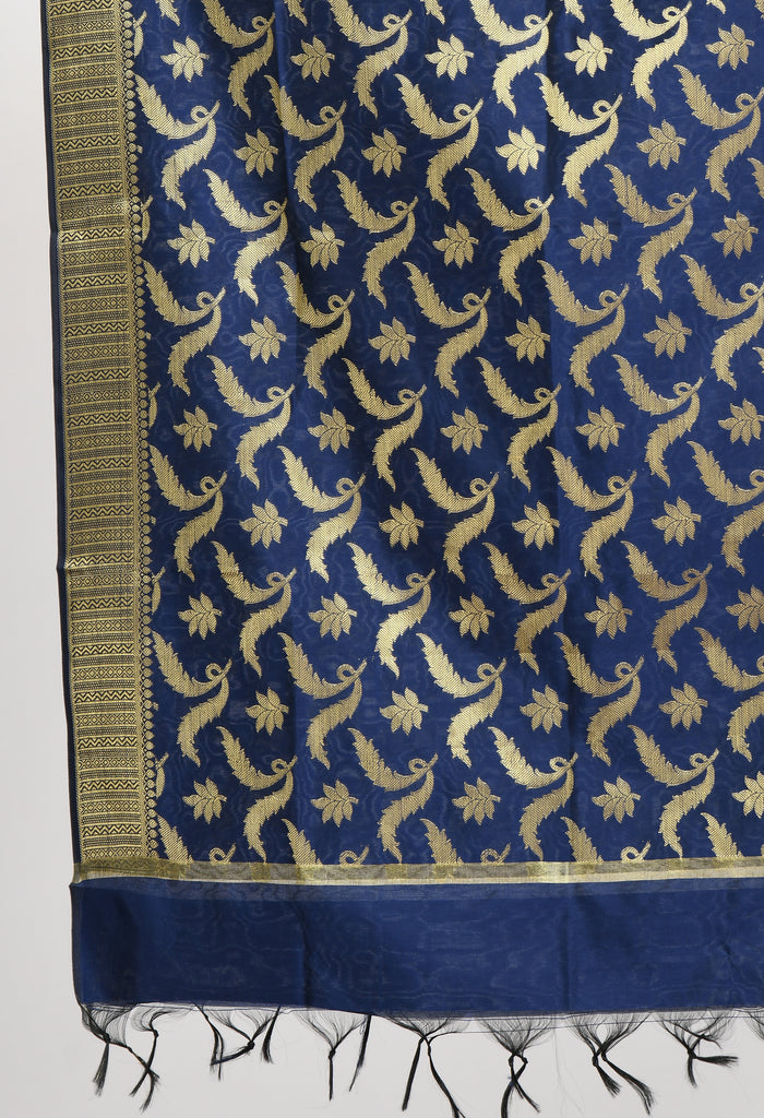 Women's Banarsi Silk Floral Woven Design Navy Blue Dupatta