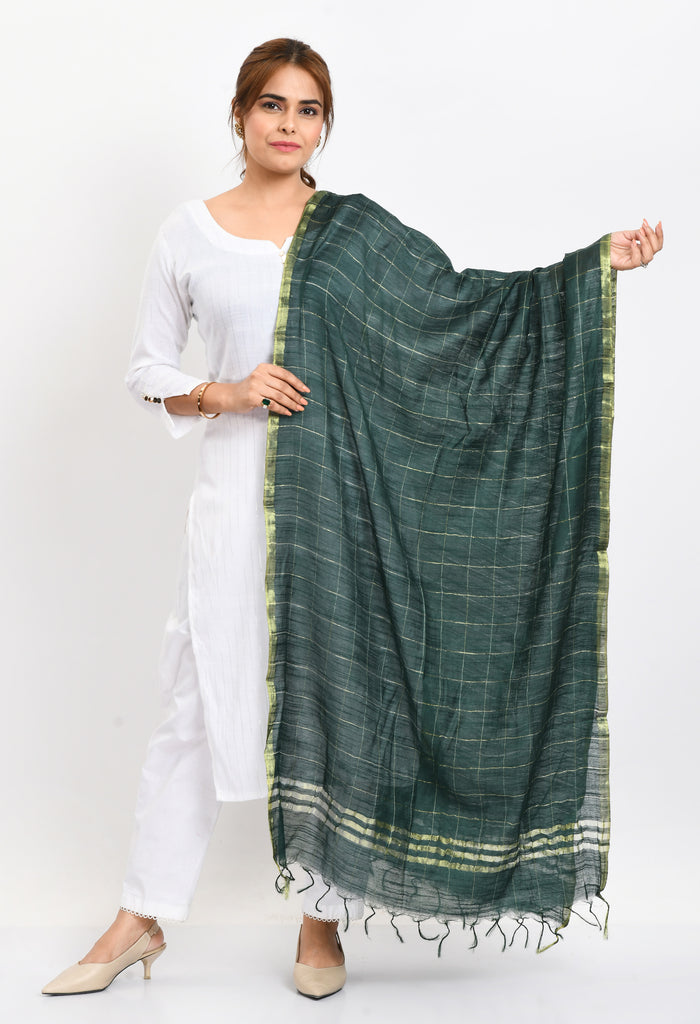 Women's Cotton Zari Box Bottle Green Dupatta