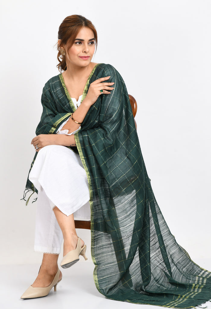 Women's Cotton Zari Box Bottle Green Dupatta