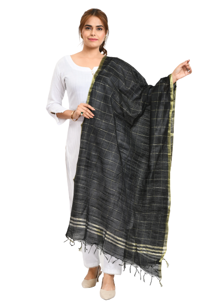 Women's Cotton Zari Box Black Dupatta