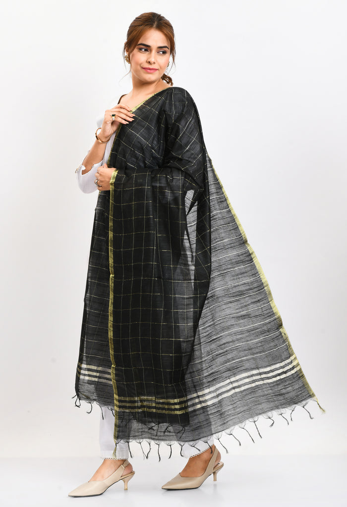 Women's Cotton Zari Box Black Dupatta