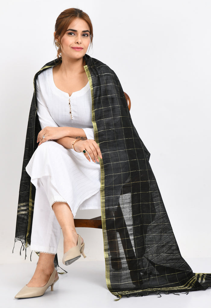 Women's Cotton Zari Box Black Dupatta