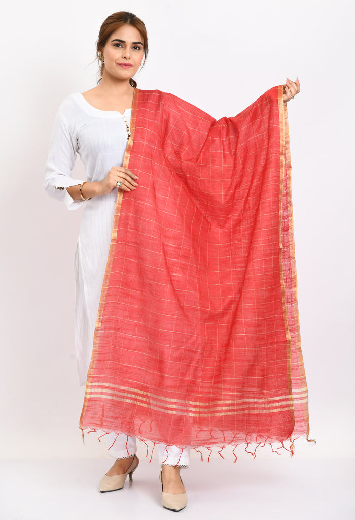 Women's Cotton Zari Box Red Dupatta