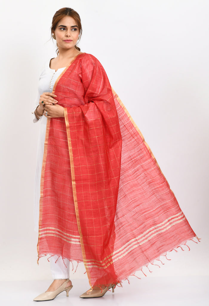 Women's Cotton Zari Box Red Dupatta