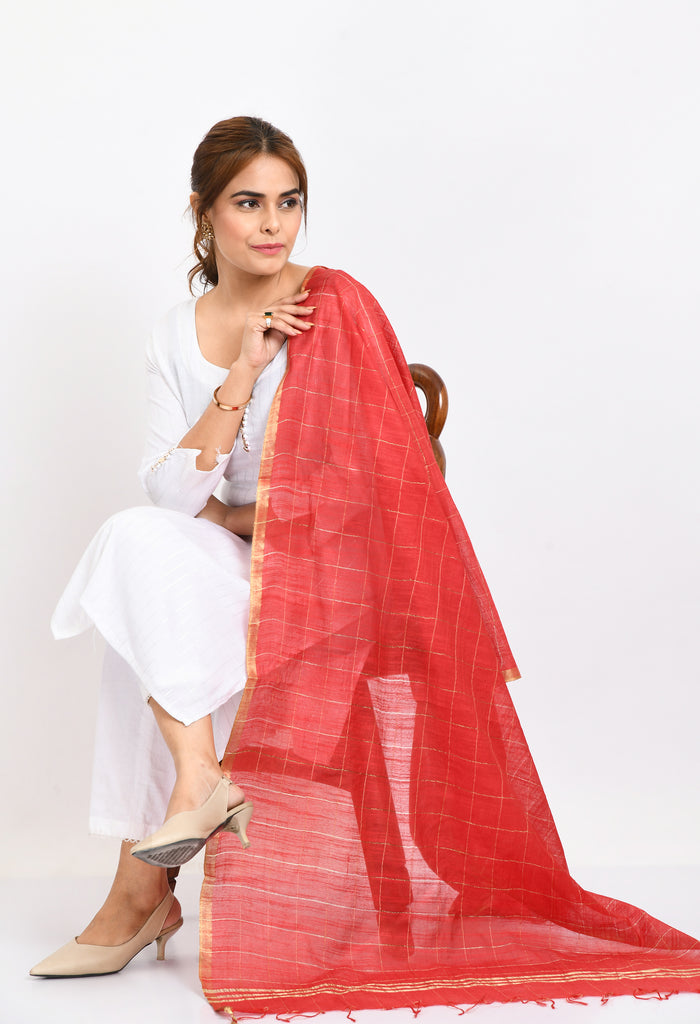 Women's Cotton Zari Box Red Dupatta
