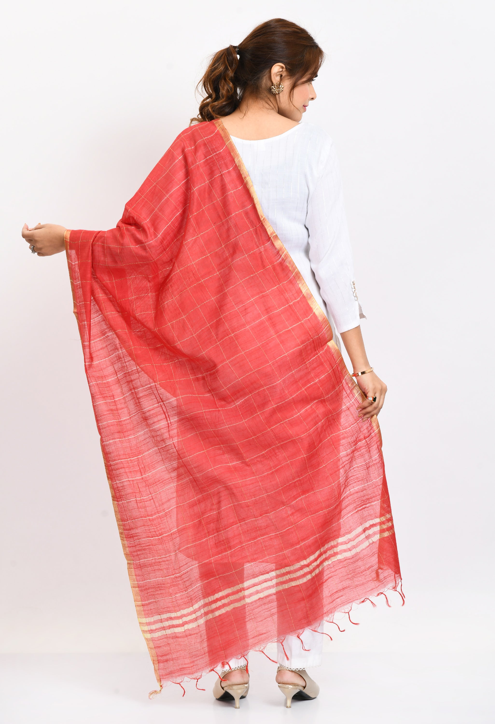 Women's Cotton Zari Box Red Dupatta - Moeza
