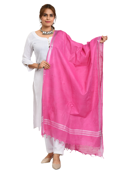 Women's Linen Cotton Silver Border Dark Pink Dupatta - Moeza