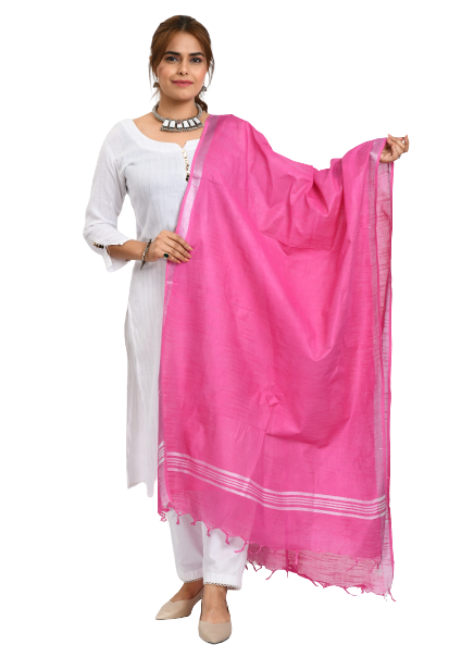 Women's Linen Cotton Silver Border Dark Pink Dupatta