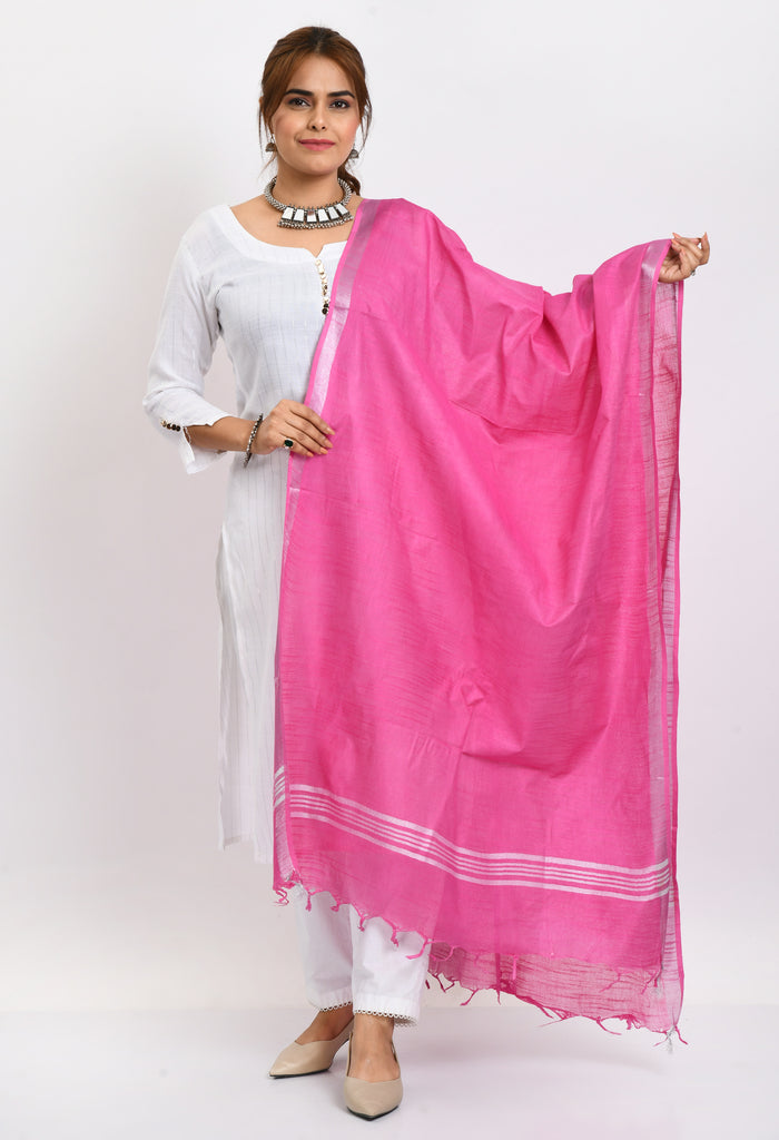 Women's Linen Cotton Silver Border Dark Pink Dupatta