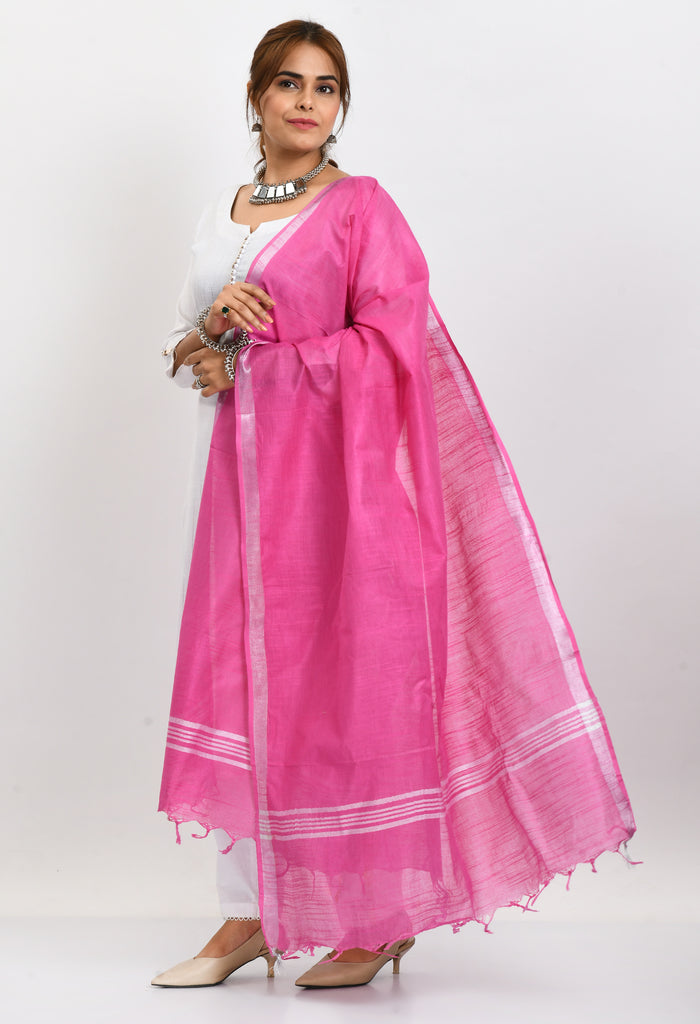 Women's Linen Cotton Silver Border Dark Pink Dupatta