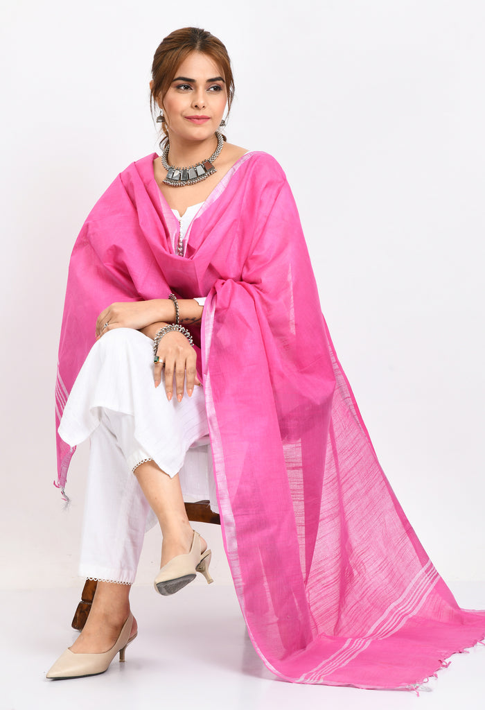 Women's Linen Cotton Silver Border Dark Pink Dupatta