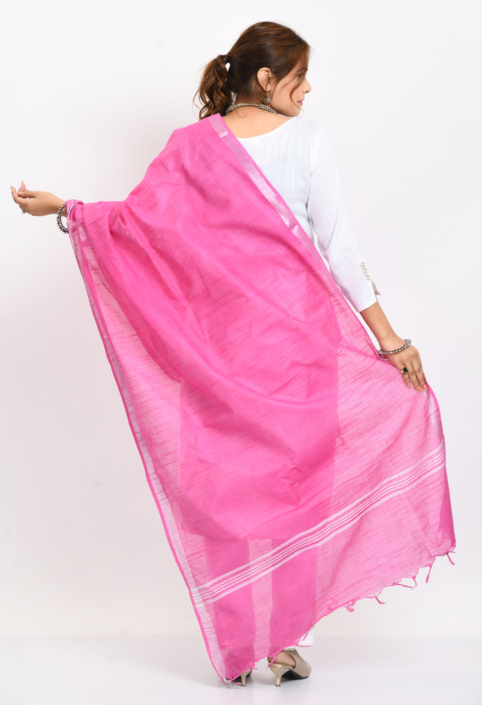 Women's Linen Cotton Silver Border Dark Pink Dupatta