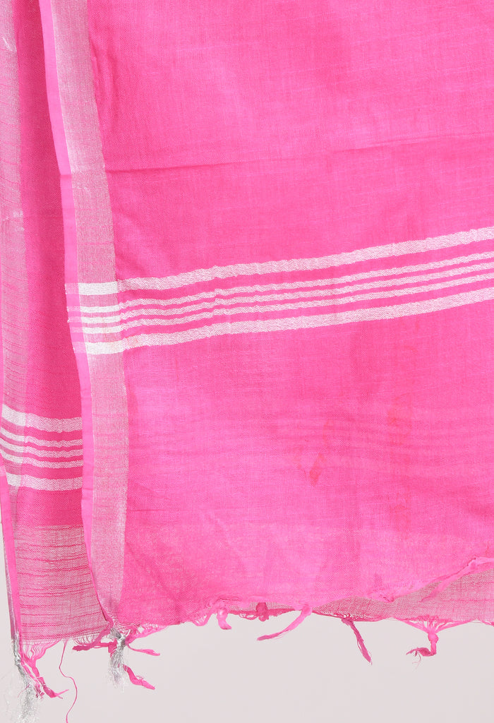 Women's Linen Cotton Silver Border Dark Pink Dupatta