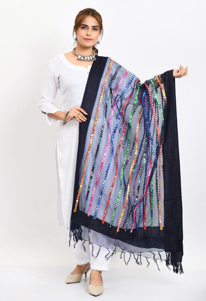 Women's Orgenza Multi Thread Mirror Work Navy Blue Dupatta