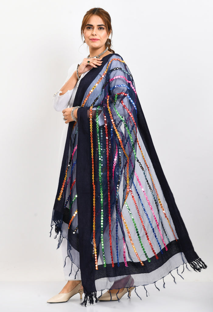 Women's Orgenza Multi Thread Mirror Work Navy Blue Dupatta