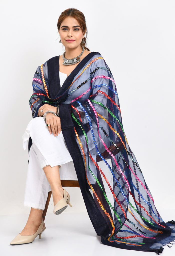Women's Orgenza Multi Thread Mirror Work Navy Blue Dupatta