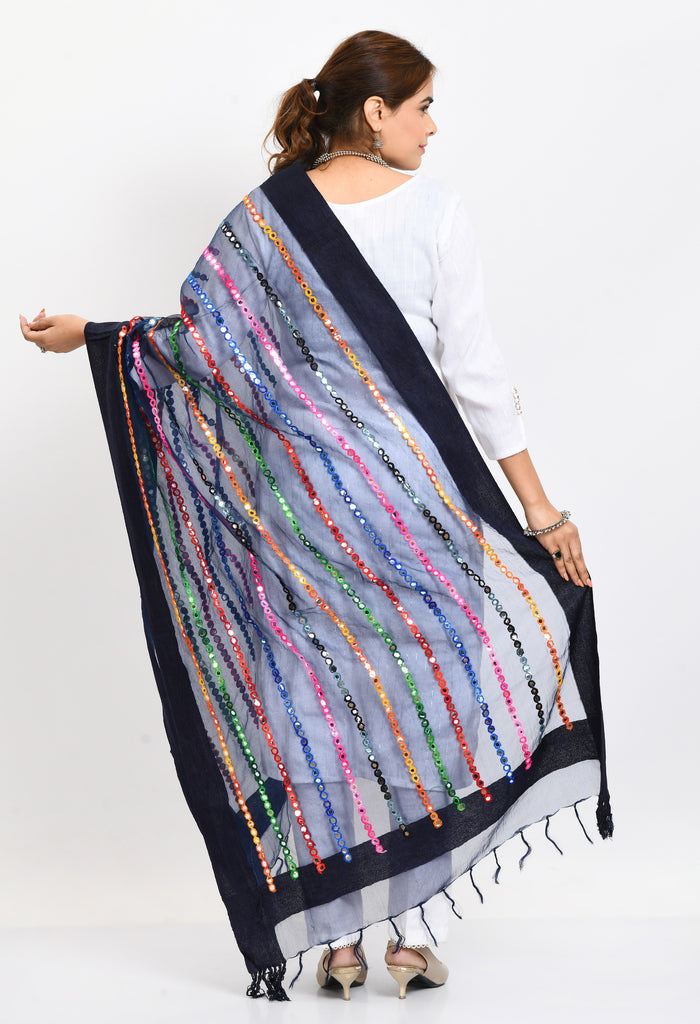 Women's Orgenza Multi Thread Mirror Work Navy Blue Dupatta