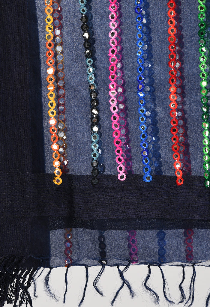 Women's Orgenza Multi Thread Mirror Work Navy Blue Dupatta