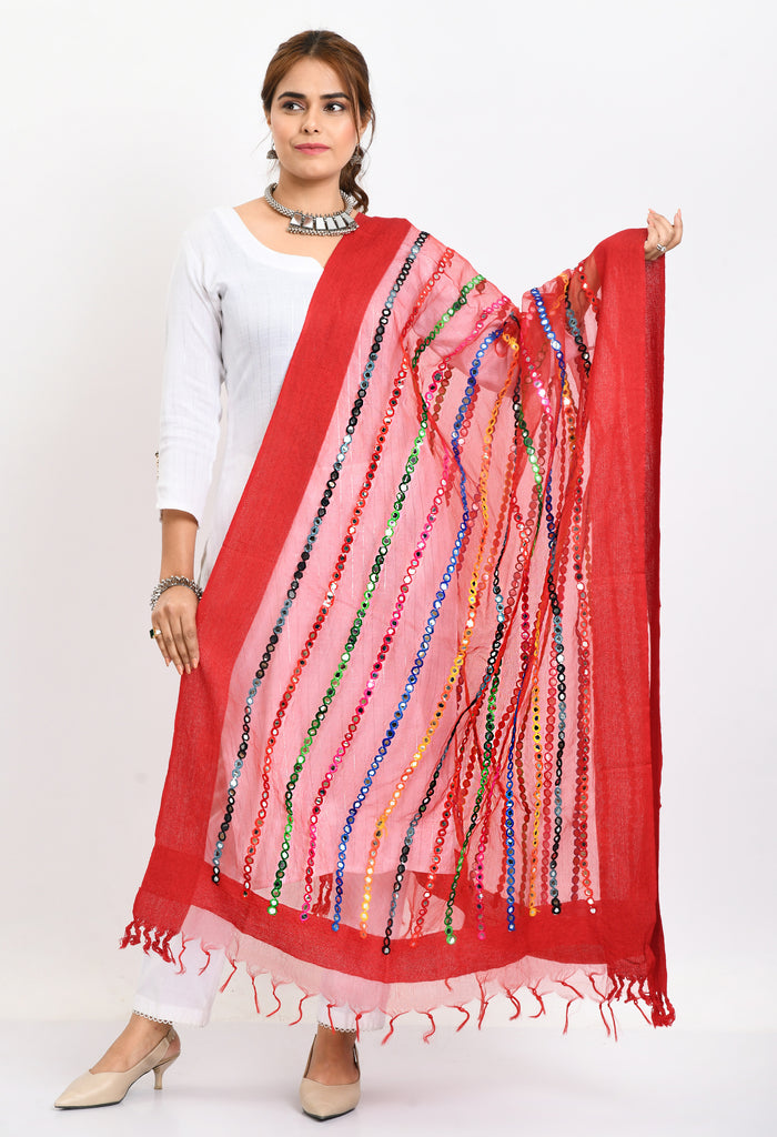 Women's Orgenza Multi Thread Mirror Work Red Dupatta