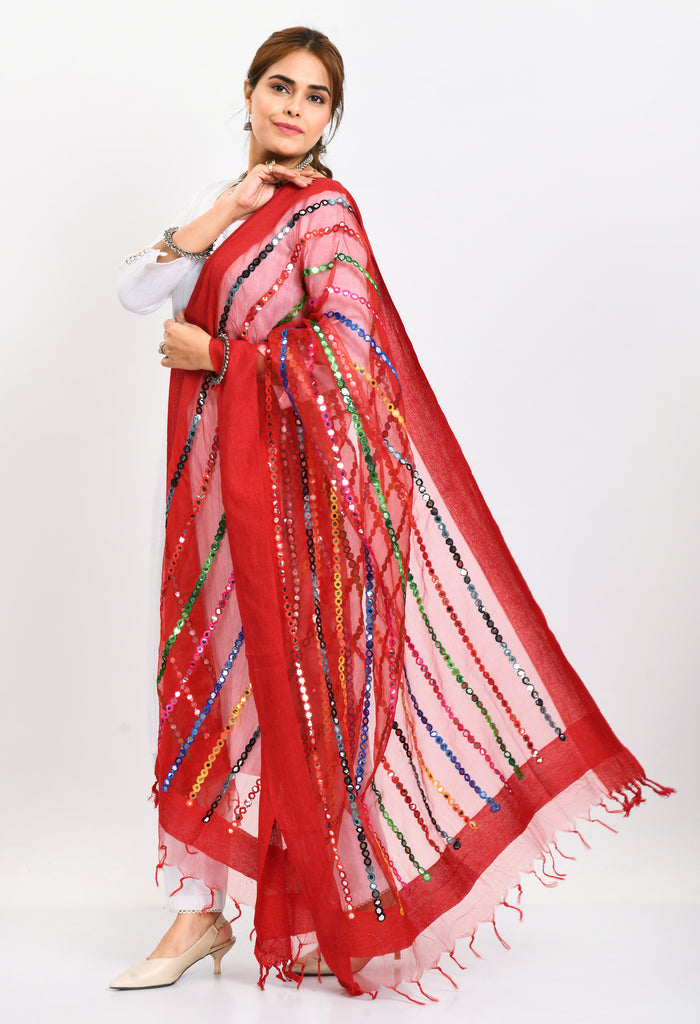 Women's Orgenza Multi Thread Mirror Work Red Dupatta