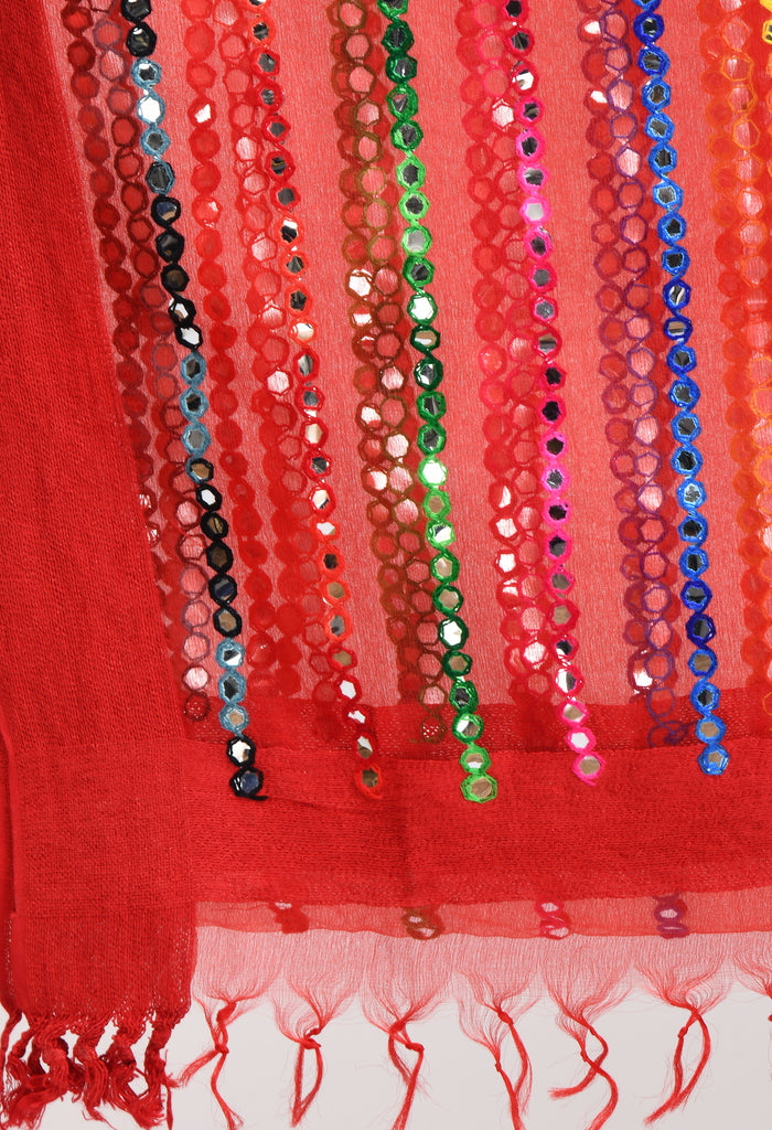 Women's Orgenza Multi Thread Mirror Work Red Dupatta