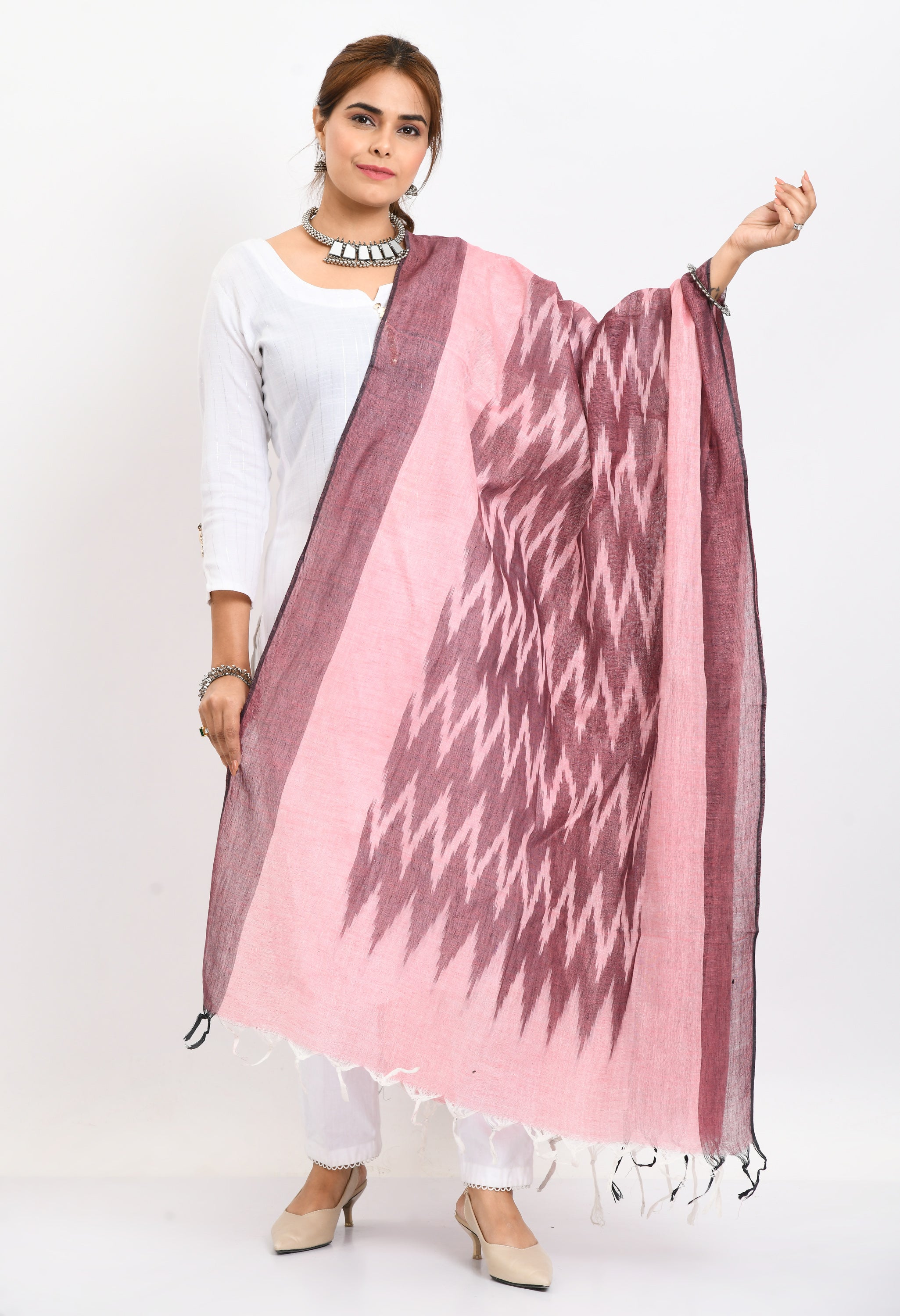 Women's Handloom Cotton Ikkat Maroon Dupatta - Moeza