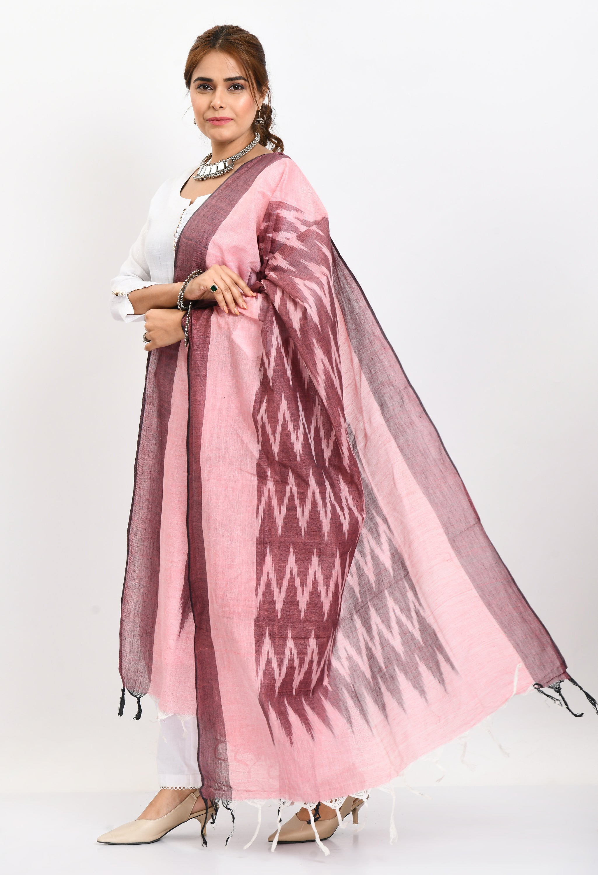 Women's Handloom Cotton Ikkat Maroon Dupatta - Moeza