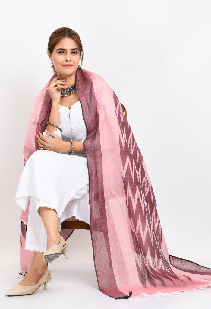 Women's Handloom Cotton Ikkat Maroon Dupatta