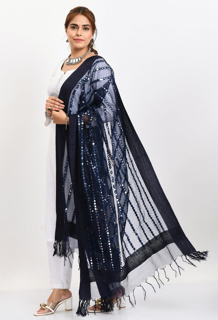 Women's Orgenza Mirror Stripe Thread Work Navy Blue Dupatta