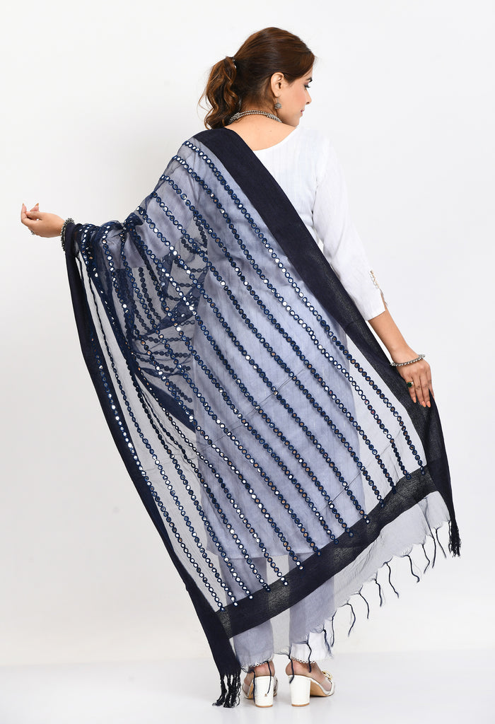Women's Orgenza Mirror Stripe Thread Work Navy Blue Dupatta