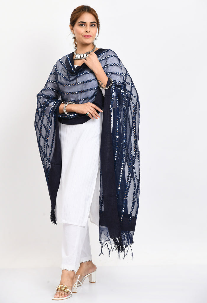 Women's Orgenza Mirror Stripe Thread Work Navy Blue Dupatta