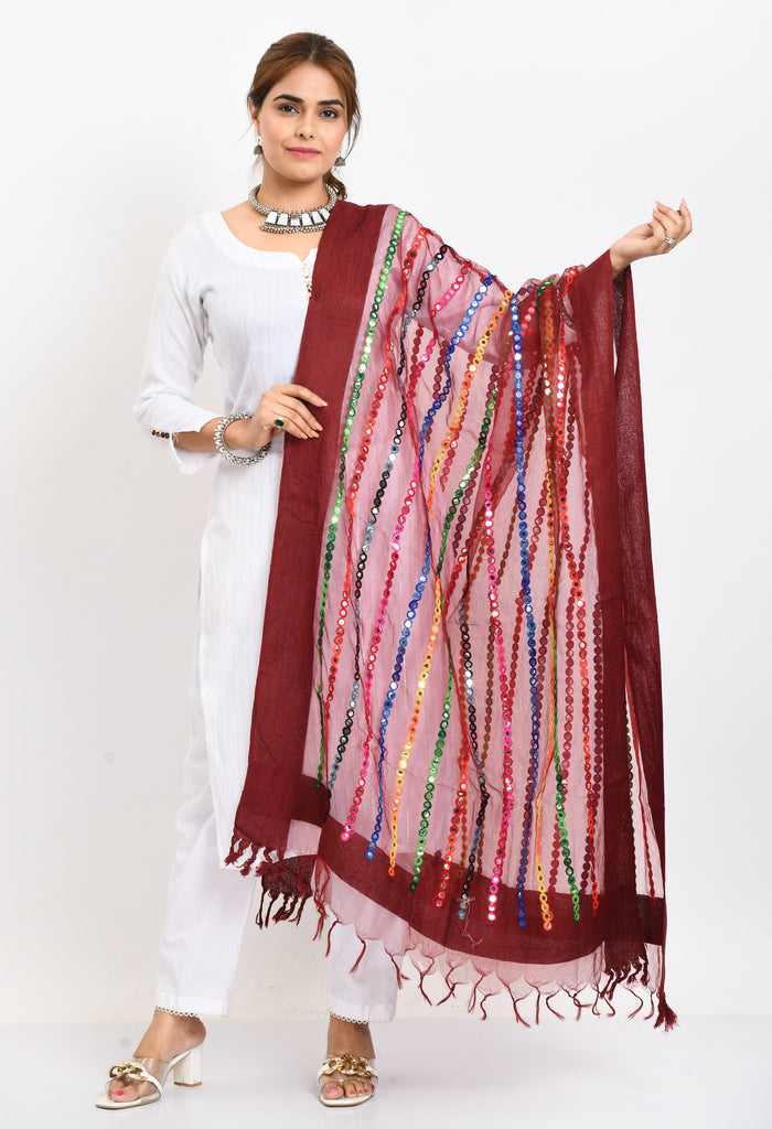 Women's Orgenza Multi Thread Mirror Work Maroon Dupatta