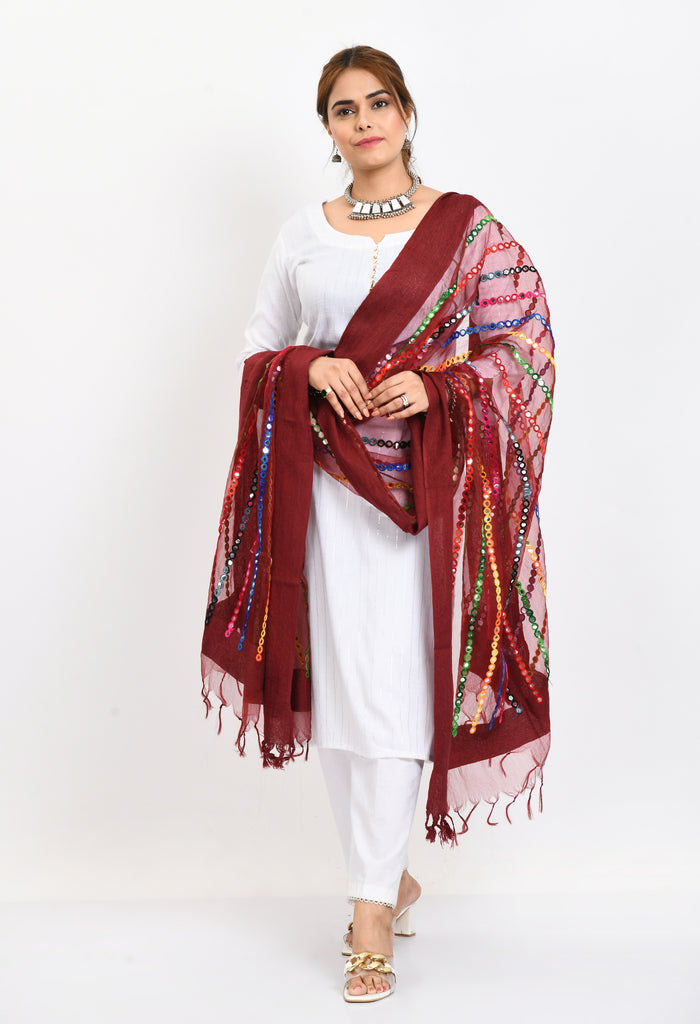 Women's Orgenza Multi Thread Mirror Work Maroon Dupatta