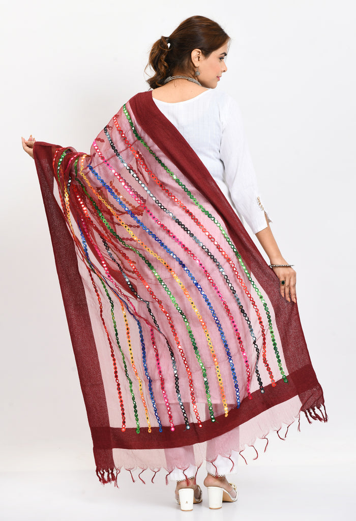 Women's Orgenza Multi Thread Mirror Work Maroon Dupatta