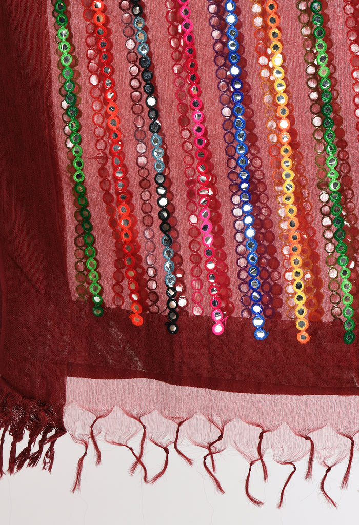 Women's Orgenza Multi Thread Mirror Work Maroon Dupatta